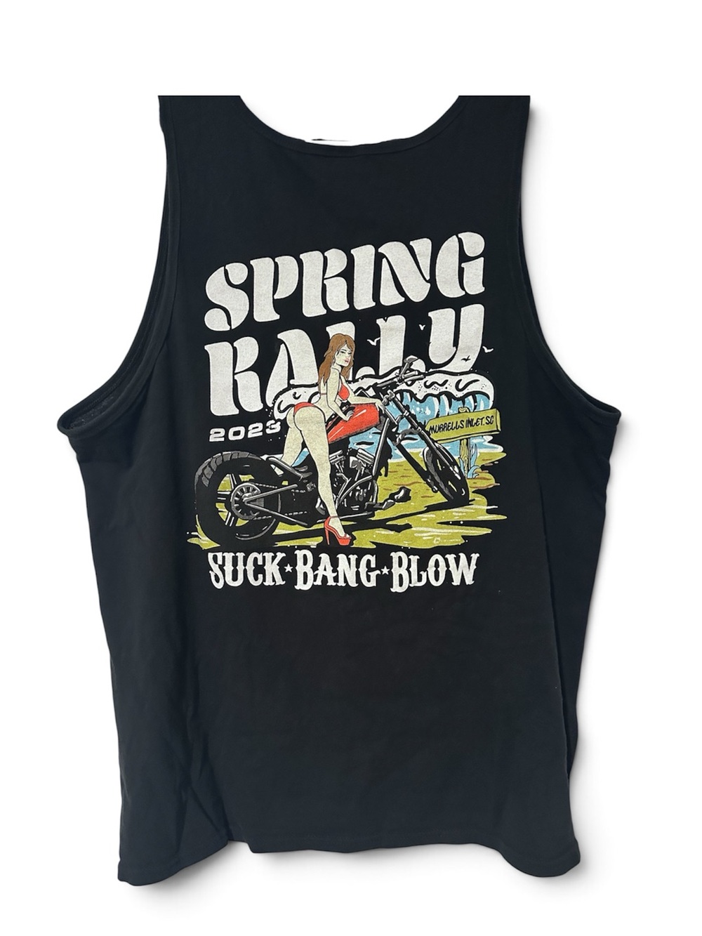 Motorcycle pinup girl graphic tank top